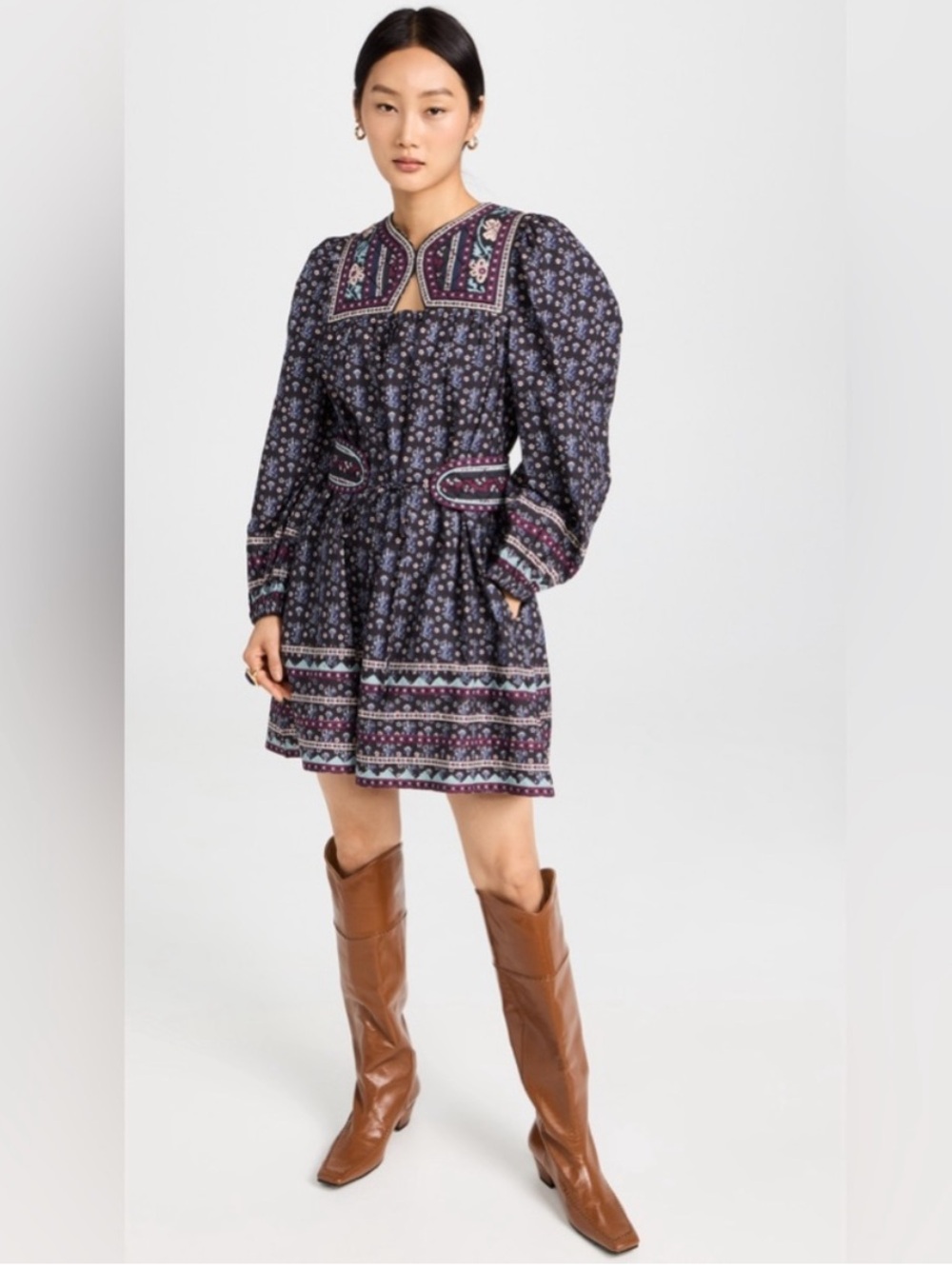 Sea New York mini dress- perry border puff sleeve
